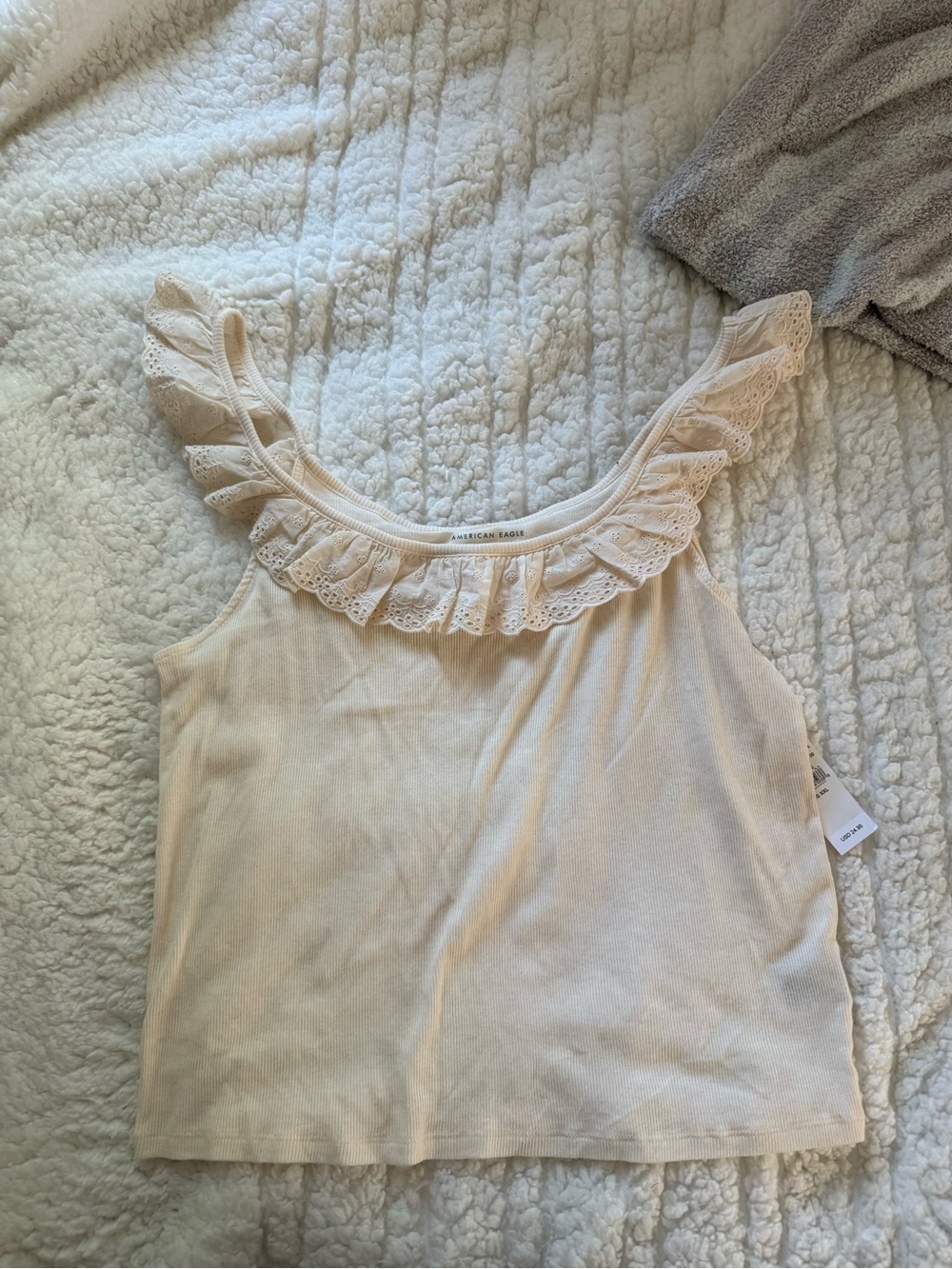 American Eagle Outfitters Ivory Ribbed Eyelet-Trim Tank